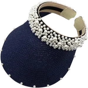 Womens Straw Sun Visor Cap Foldable Summer Beach Visors Hat for Women Solid Pearls Hats
