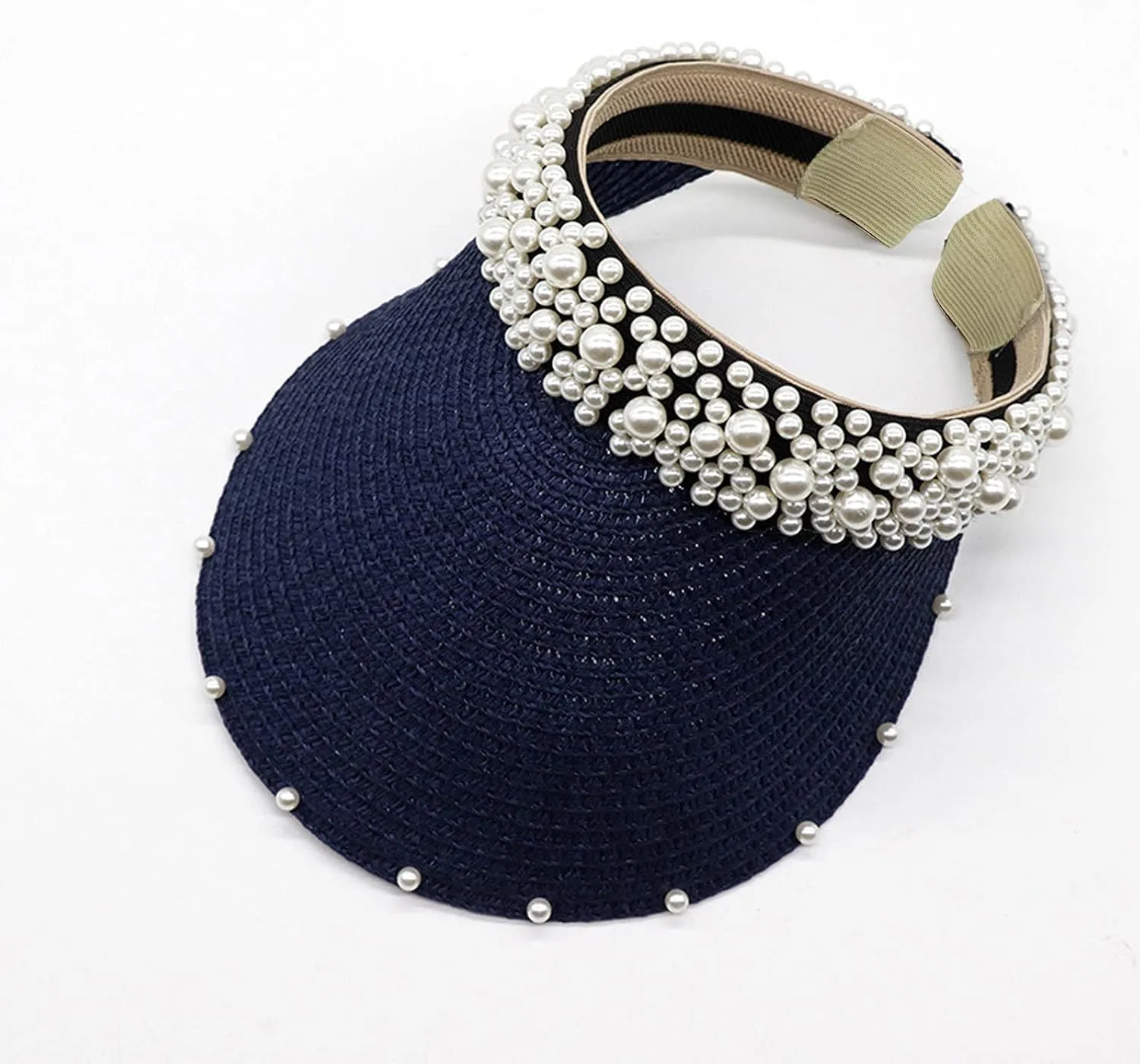 Womens Straw Sun Visor Cap Foldable Summer Beach Visors Hat for Women Solid Pearls Hats