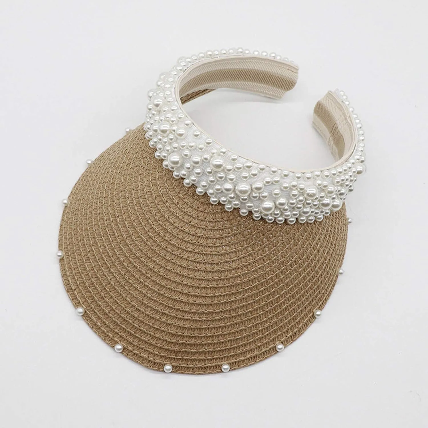 Womens Straw Sun Visor Cap Foldable Summer Beach Visors Hat for Women Solid Pearls Hats