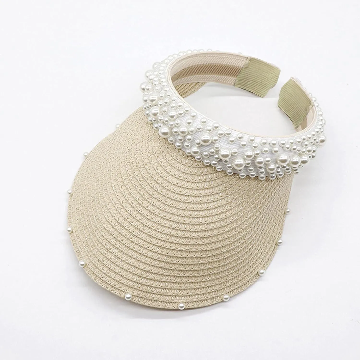 Womens Straw Sun Visor Cap Foldable Summer Beach Visors Hat for Women Solid Pearls Hats