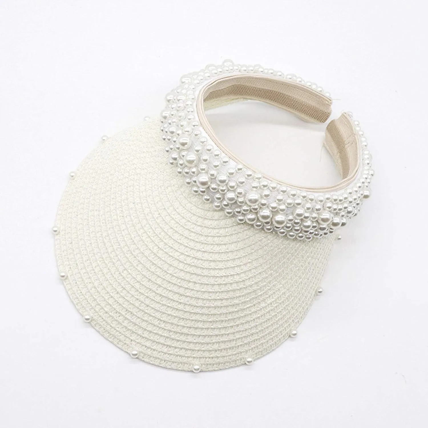 Womens Straw Sun Visor Cap Foldable Summer Beach Visors Hat for Women Solid Pearls Hats