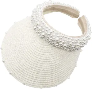 Womens Straw Sun Visor Cap Foldable Summer Beach Visors Hat for Women Solid Pearls Hats