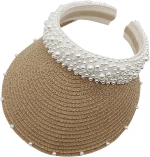 Womens Straw Sun Visor Cap Foldable Summer Beach Visors Hat for Women Solid Pearls Hats