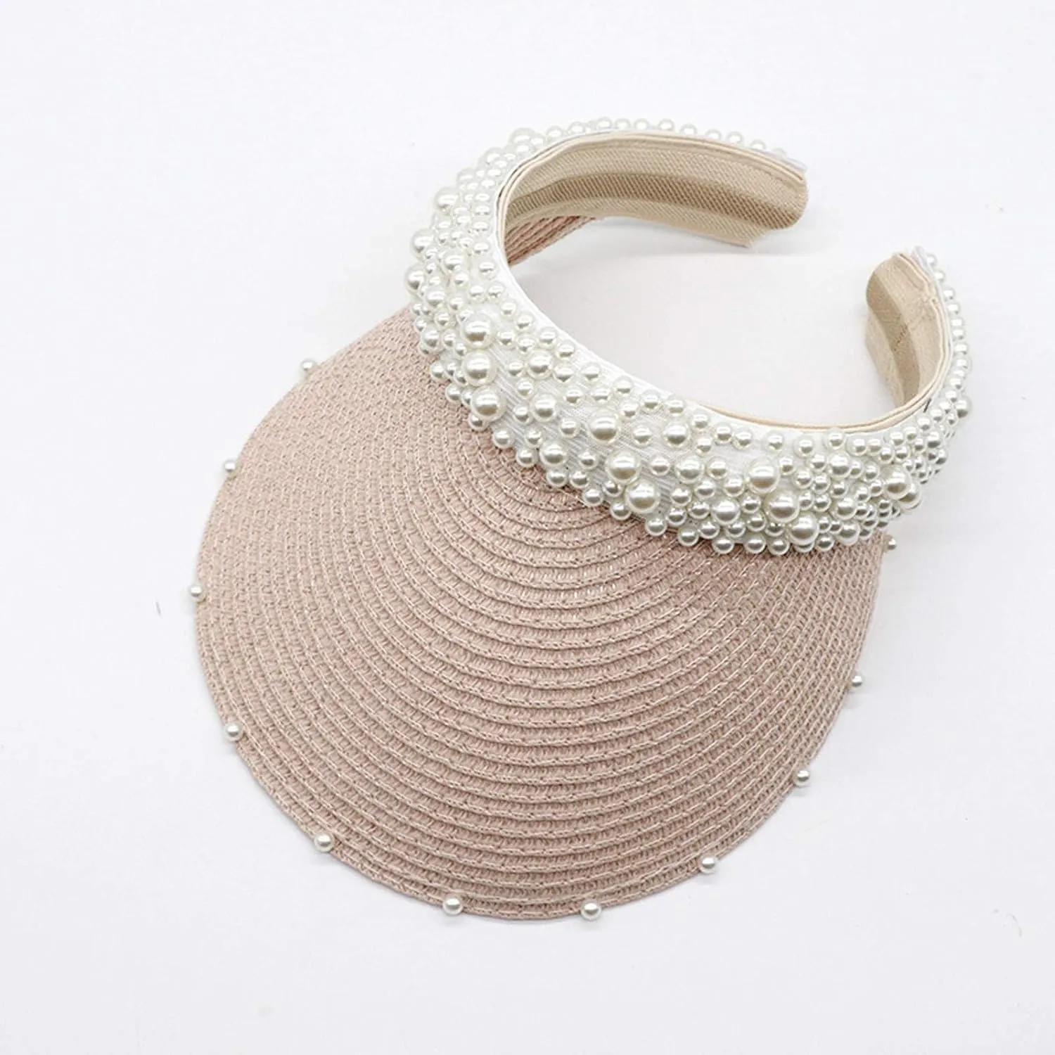 Womens Straw Sun Visor Cap Foldable Summer Beach Visors Hat for Women Solid Pearls Hats