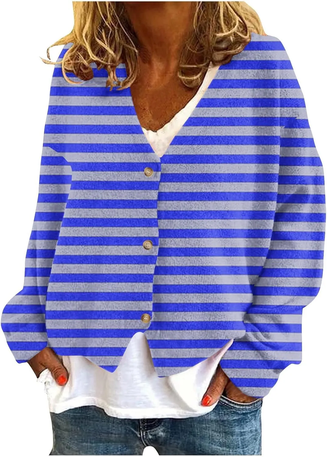 Women's Striped Cardigan Sweater 2024 Lightweight Fall Printed Knit Outerwear Casual V Neck Button Down Coats