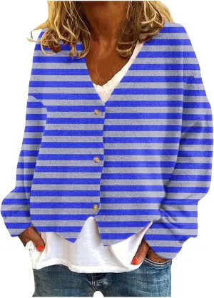 Women's Striped Cardigan Sweater 2024 Lightweight Fall Printed Knit Outerwear Casual V Neck Button Down Coats