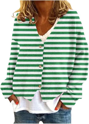 Women's Striped Cardigan Sweater 2024 Lightweight Fall Printed Knit Outerwear Casual V Neck Button Down Coats
