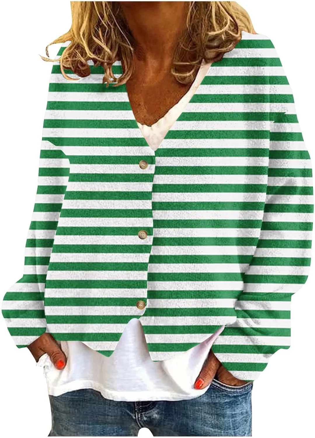 Women's Striped Cardigan Sweater 2024 Lightweight Fall Printed Knit Outerwear Casual V Neck Button Down Coats