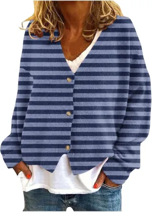 Women's Striped Cardigan Sweater 2024 Lightweight Fall Printed Knit Outerwear Casual V Neck Button Down Coats