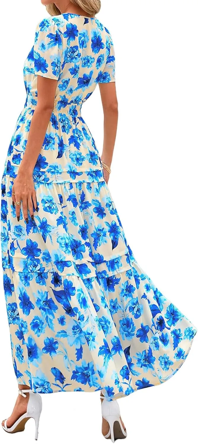 Womens Summer Boho Dresses Floral Short Sleeve Maxi Dress Casual Party Floral Beach Vacation Dresses