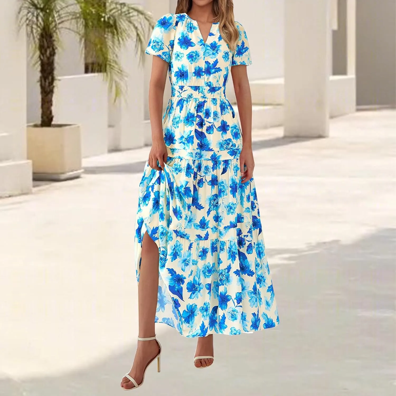 Womens Summer Boho Dresses Floral Short Sleeve Maxi Dress Casual Party Floral Beach Vacation Dresses