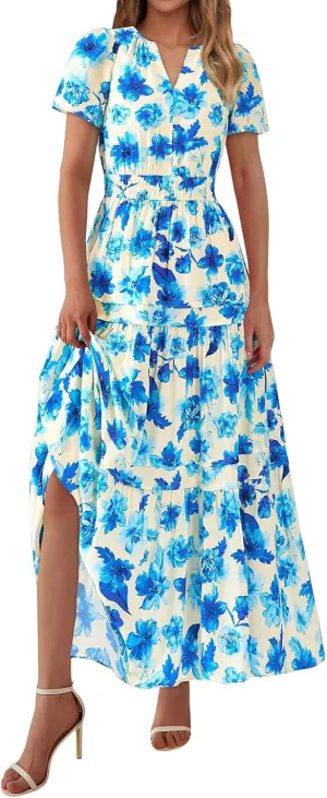 Womens Summer Boho Dresses Floral Short Sleeve Maxi Dress Casual Party Floral Beach Vacation Dresses