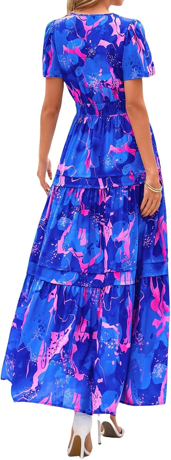 Womens Summer Boho Dresses Floral Short Sleeve Maxi Dress Casual Party Floral Beach Vacation Dresses