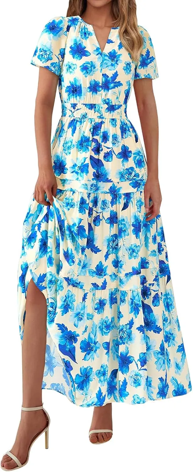Womens Summer Boho Dresses Floral Short Sleeve Maxi Dress Casual Party Floral Beach Vacation Dresses