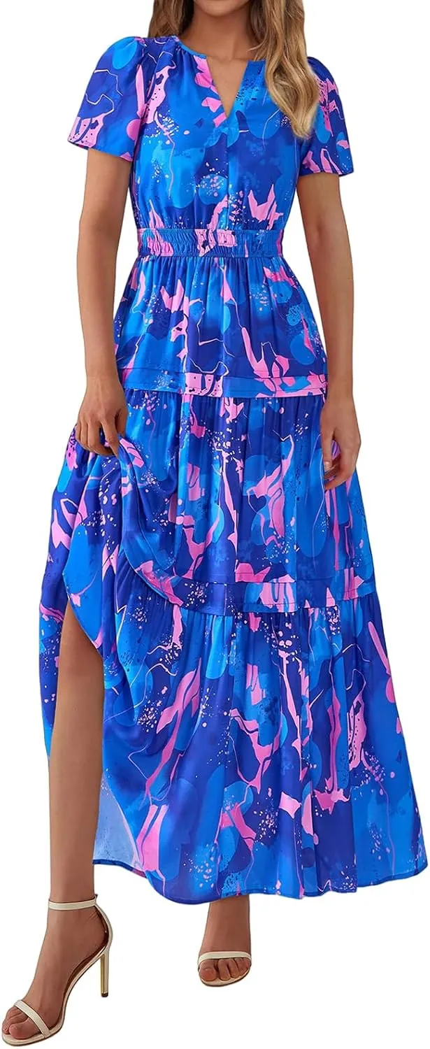Womens Summer Boho Dresses Floral Short Sleeve Maxi Dress Casual Party Floral Beach Vacation Dresses