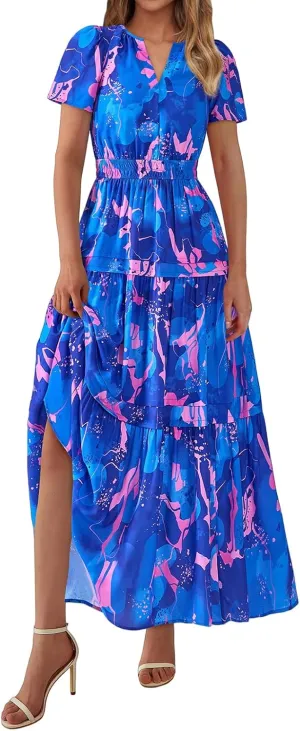 Womens Summer Boho Dresses Floral Short Sleeve Maxi Dress Casual Party Floral Beach Vacation Dresses