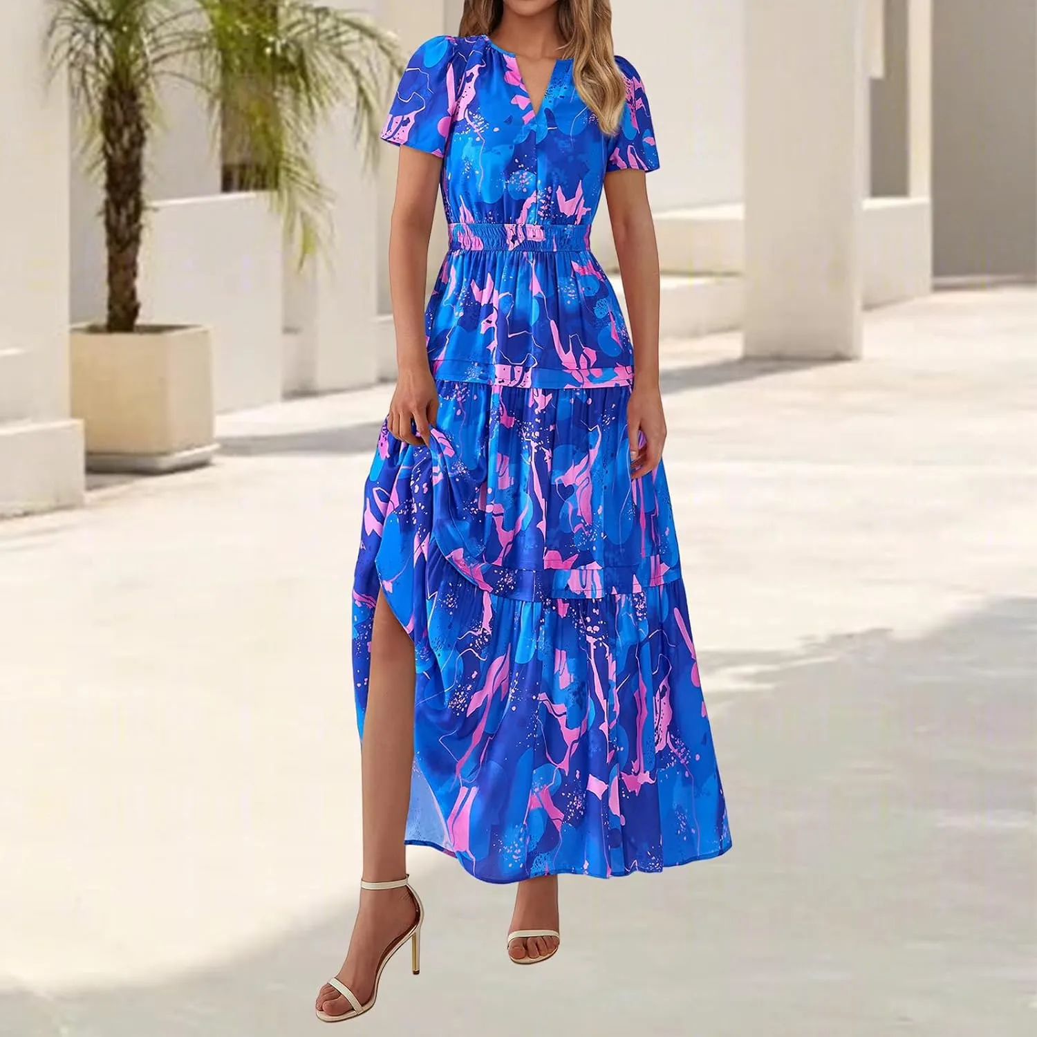 Womens Summer Boho Dresses Floral Short Sleeve Maxi Dress Casual Party Floral Beach Vacation Dresses