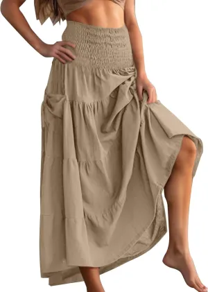 Womens Summer Boho Flowy Swing Tiered A-Line Maxi Skirt 2025 Fashion Trendy Elastic Waist Pleated Layered Long Beach Dress