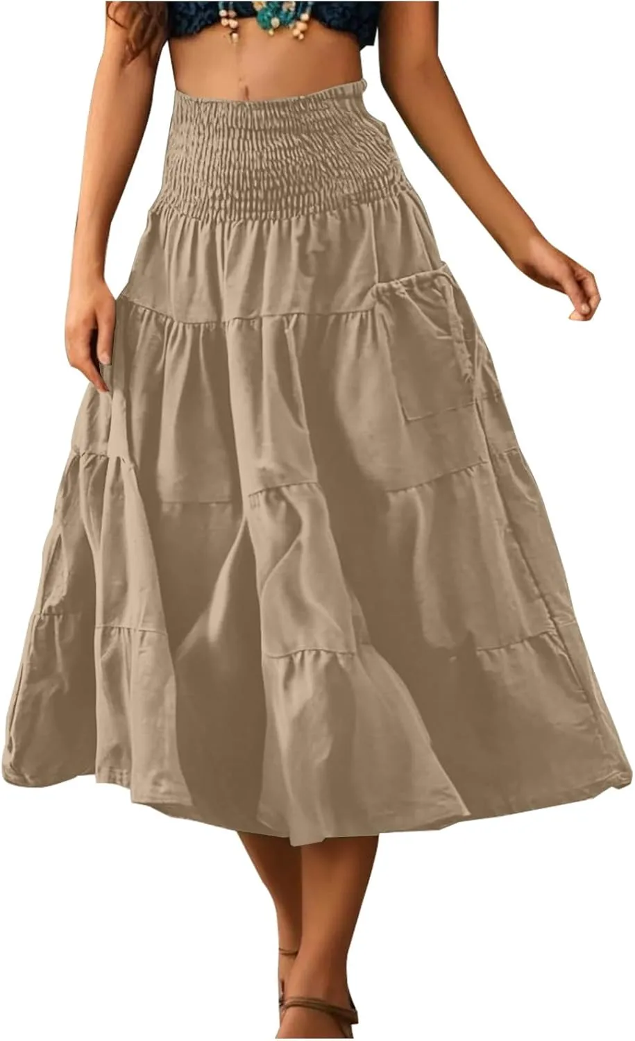 Womens Summer Boho Flowy Swing Tiered A-Line Maxi Skirt 2025 Fashion Trendy Elastic Waist Pleated Layered Long Beach Dress