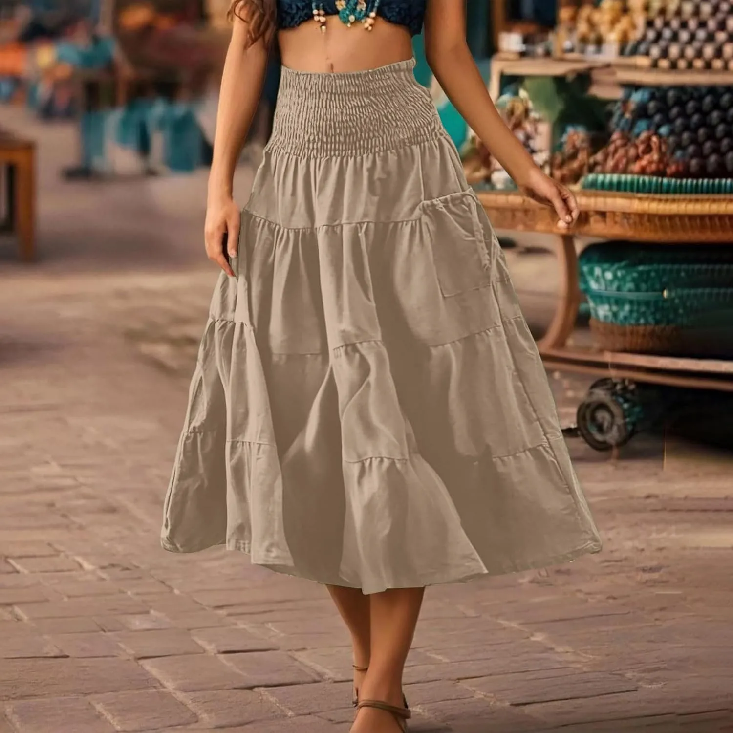 Womens Summer Boho Flowy Swing Tiered A-Line Maxi Skirt 2025 Fashion Trendy Elastic Waist Pleated Layered Long Beach Dress