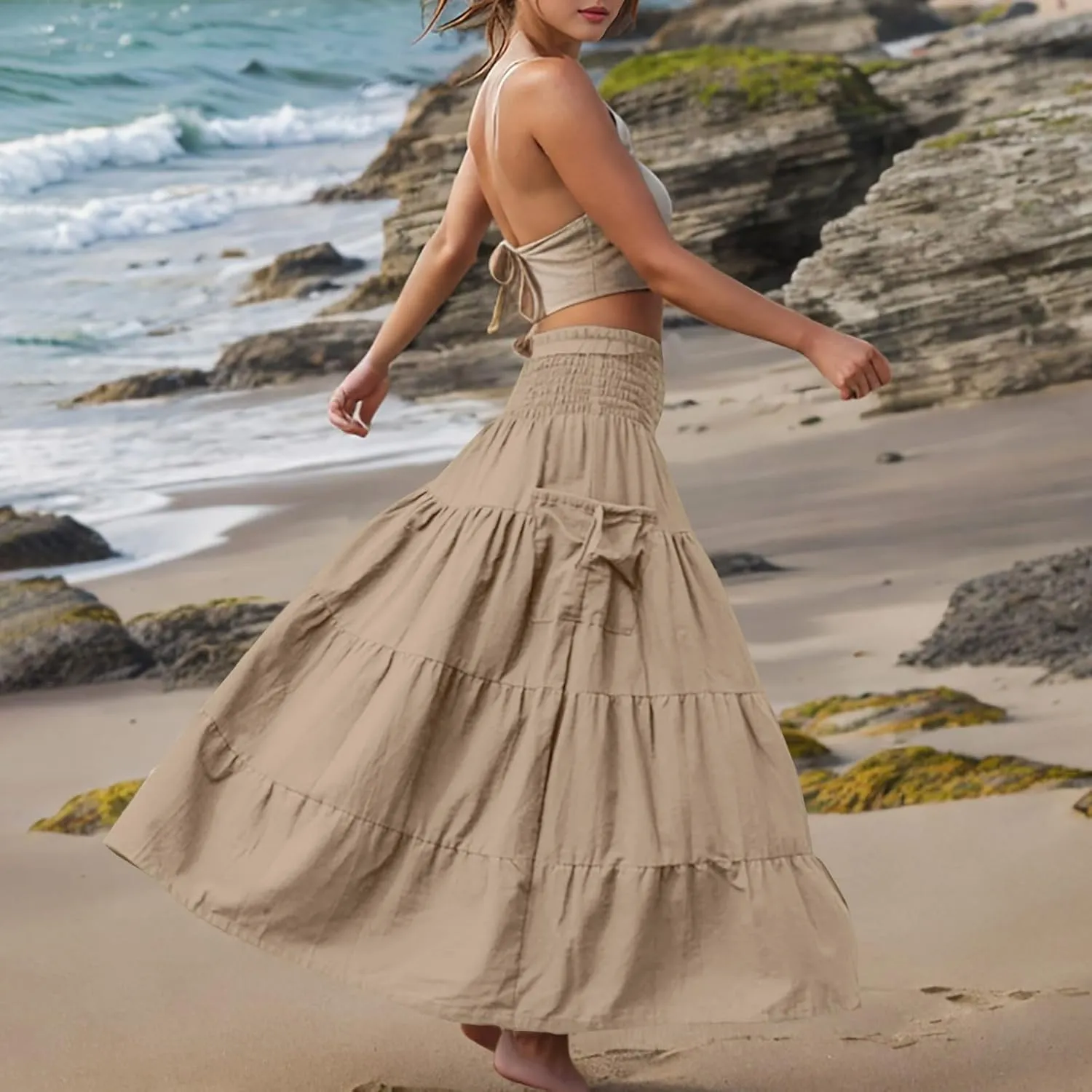 Womens Summer Boho Flowy Swing Tiered A-Line Maxi Skirt 2025 Fashion Trendy Elastic Waist Pleated Layered Long Beach Dress