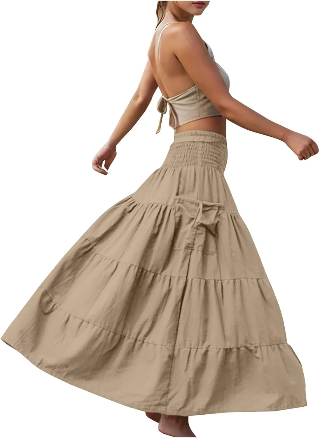 Womens Summer Boho Flowy Swing Tiered A-Line Maxi Skirt 2025 Fashion Trendy Elastic Waist Pleated Layered Long Beach Dress