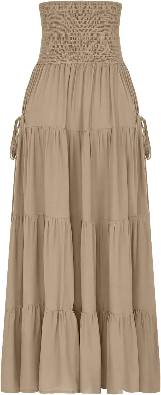 Womens Summer Boho Flowy Swing Tiered A-Line Maxi Skirt 2025 Fashion Trendy Elastic Waist Pleated Layered Long Beach Dress
