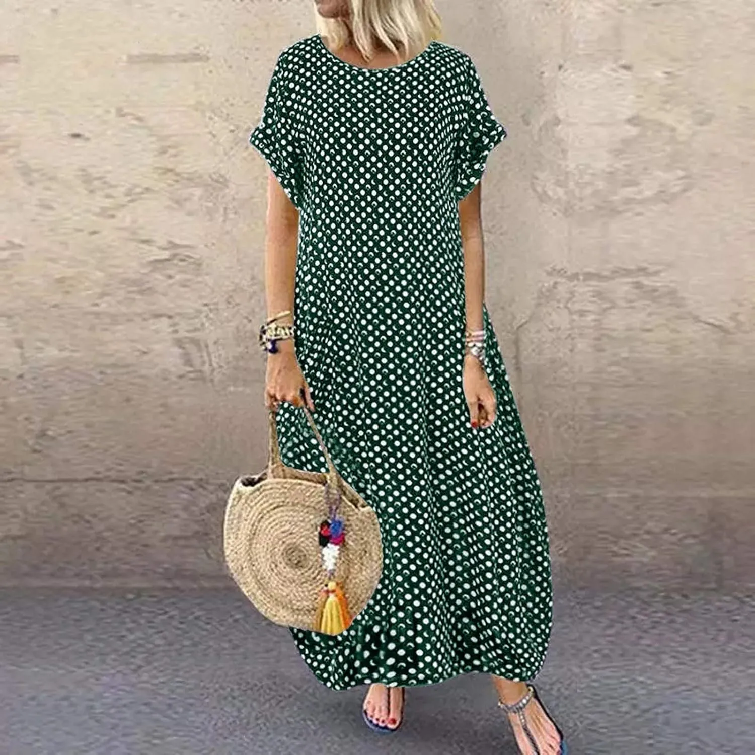 Womens Summer Casual Dress V Neck Short Sleeve Floral Print Boho Beach Sundress Tiered Ruffle Maxi Dress with Pockets