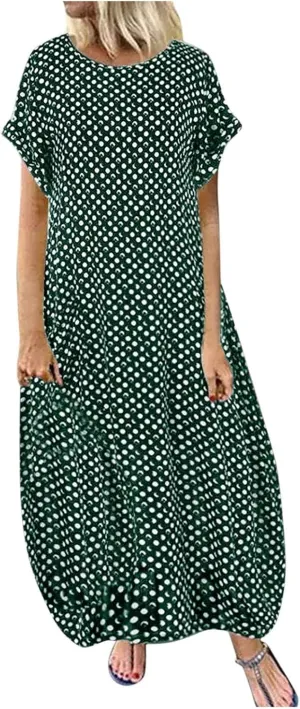 Womens Summer Casual Dress V Neck Short Sleeve Floral Print Boho Beach Sundress Tiered Ruffle Maxi Dress with Pockets