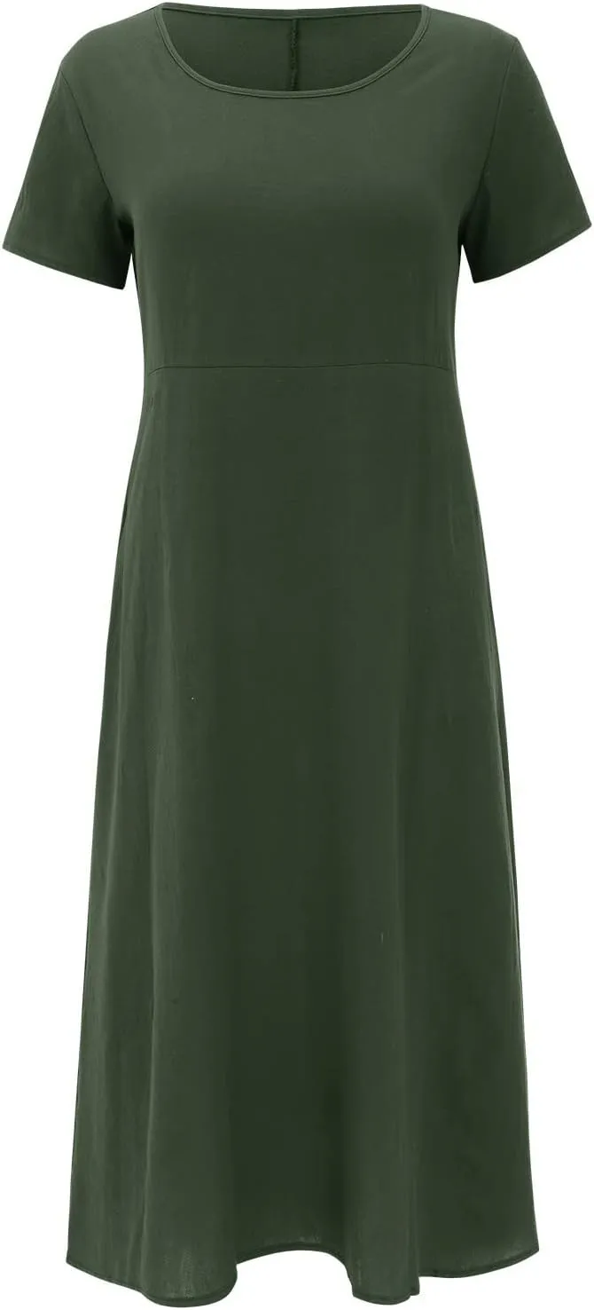 Womens Summer Cotton Linen Dresses 2025 Short Sleeve Loose Coverup Maxi Skirt Church Work Travel Outfits Long Dress