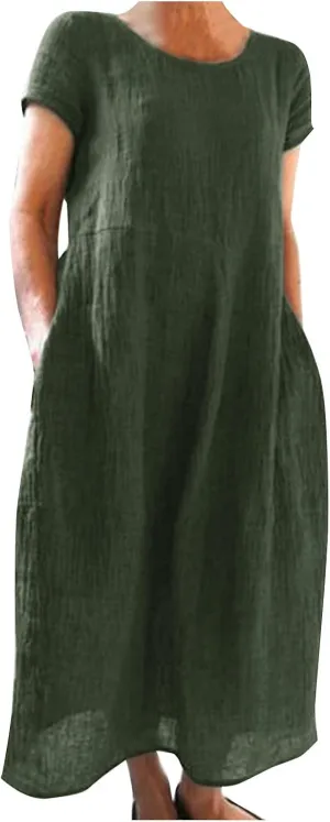 Womens Summer Cotton Linen Dresses 2025 Short Sleeve Loose Coverup Maxi Skirt Church Work Travel Outfits Long Dress