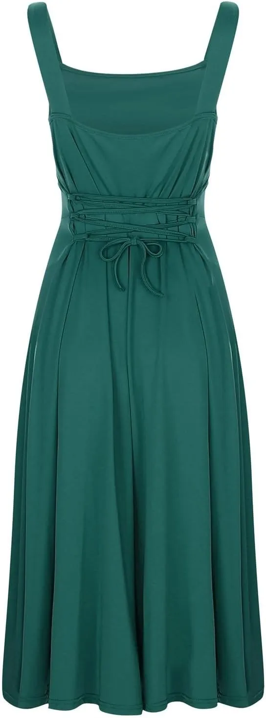 Womens Summer Dress Solid Color Lace Up Waist Back CRIS Cross Skirt Casual Shoulder Strap Slim Fit Long Dress Outfits