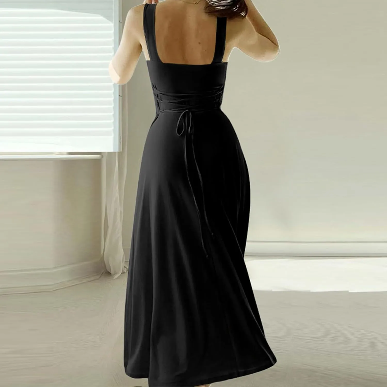 Womens Summer Dress Solid Color Lace Up Waist Back CRIS Cross Skirt Casual Shoulder Strap Slim Fit Long Dress Outfits