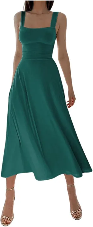 Womens Summer Dress Solid Color Lace Up Waist Back CRIS Cross Skirt Casual Shoulder Strap Slim Fit Long Dress Outfits