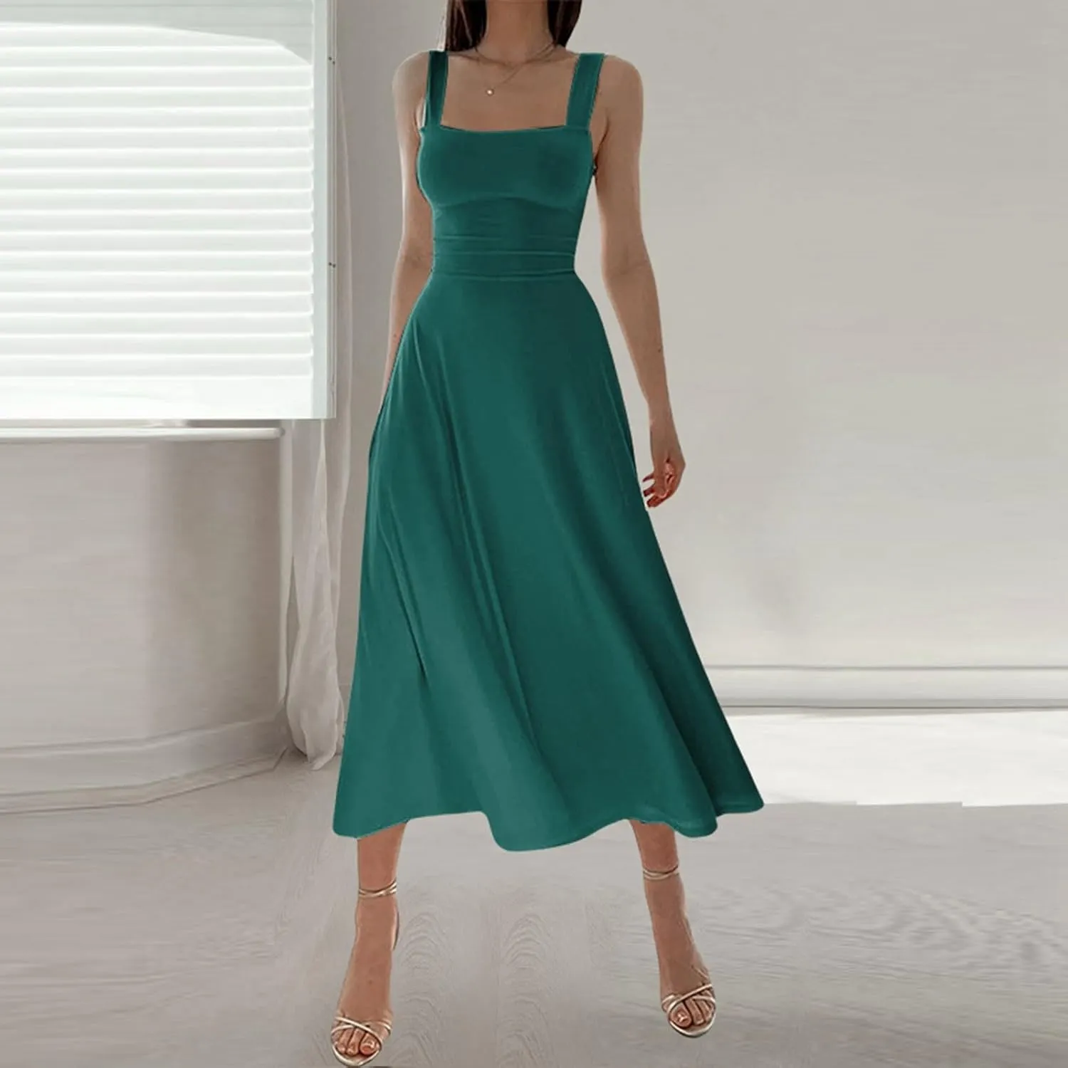 Womens Summer Dress Solid Color Lace Up Waist Back CRIS Cross Skirt Casual Shoulder Strap Slim Fit Long Dress Outfits