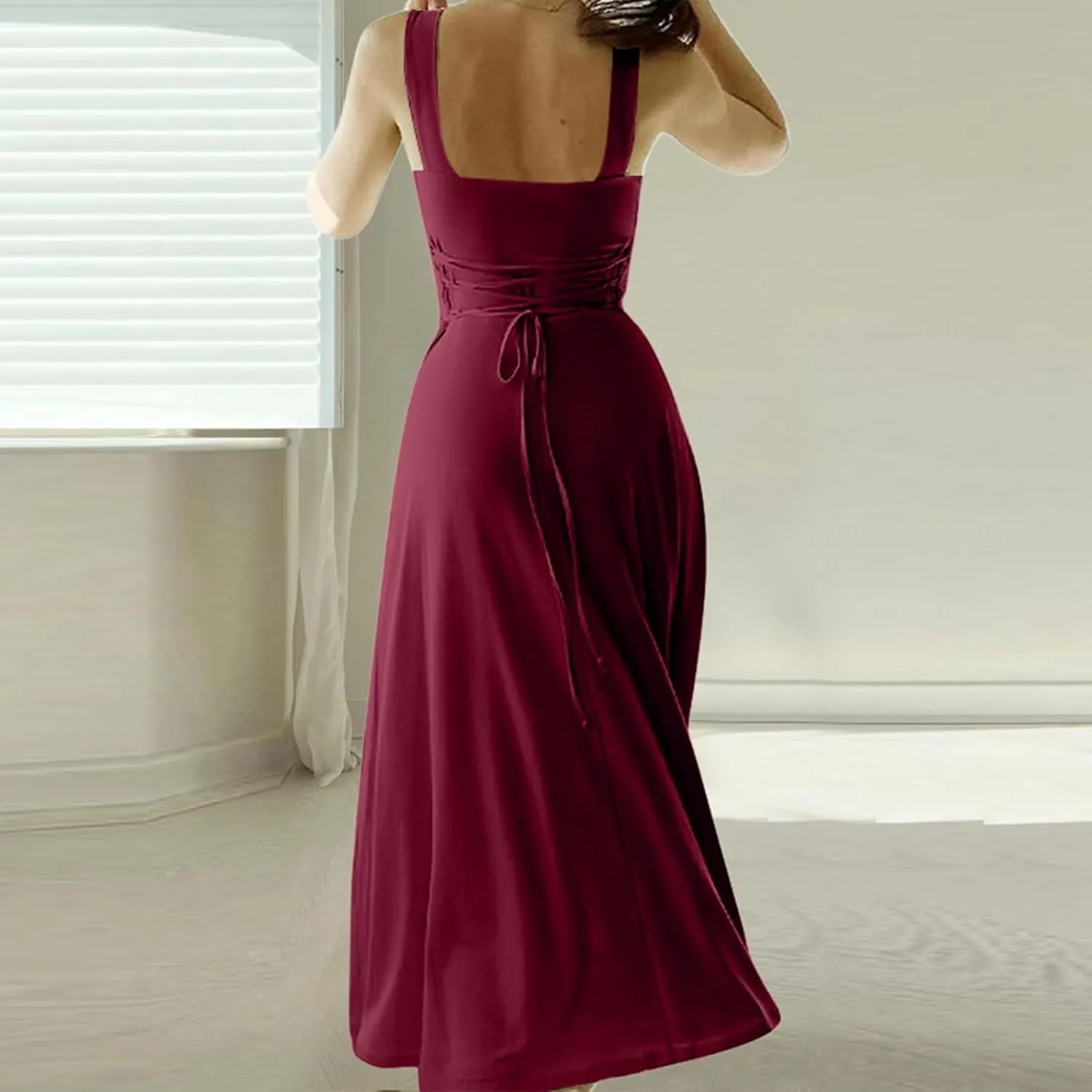 Womens Summer Dress Solid Color Lace Up Waist Back CRIS Cross Skirt Casual Shoulder Strap Slim Fit Long Dress Outfits