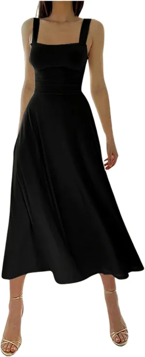 Womens Summer Dress Solid Color Lace Up Waist Back CRIS Cross Skirt Casual Shoulder Strap Slim Fit Long Dress Outfits