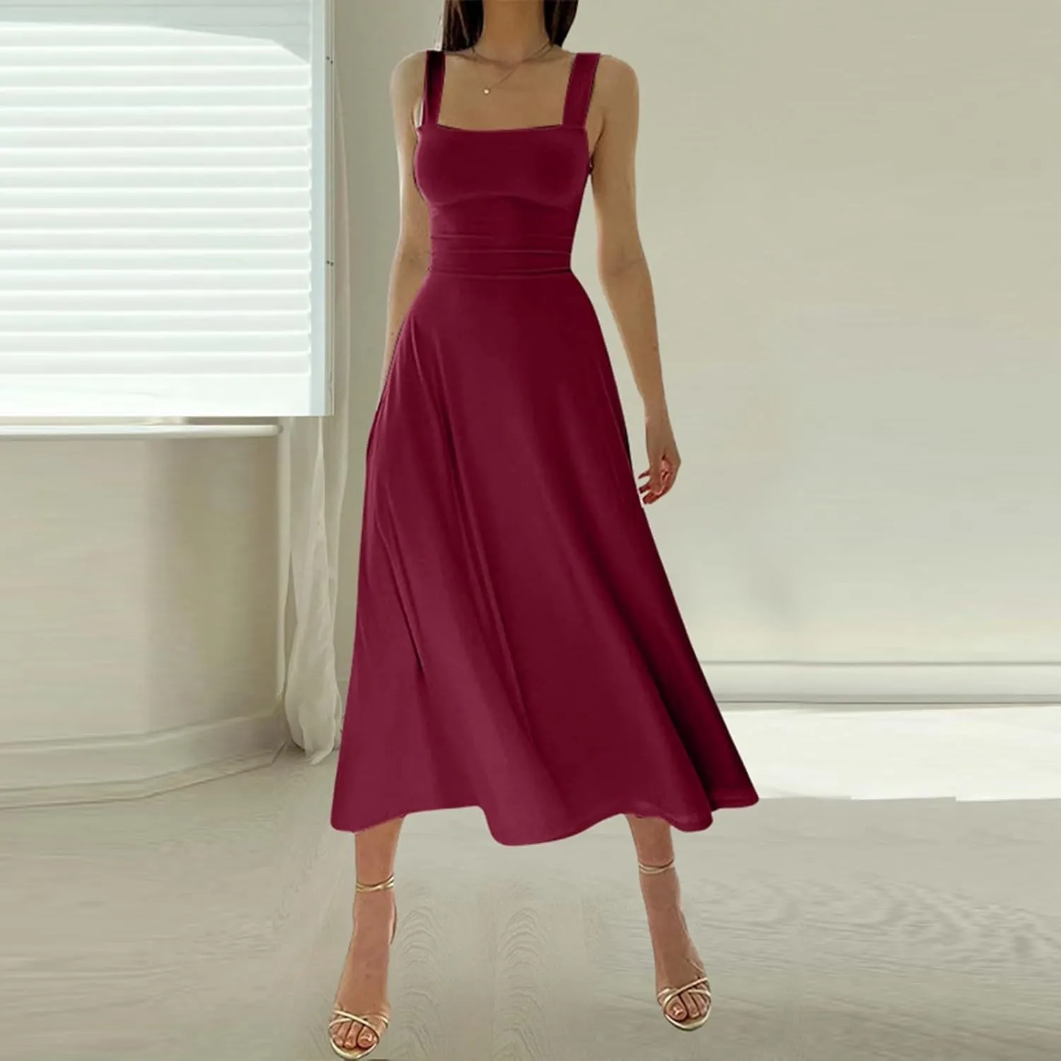 Womens Summer Dress Solid Color Lace Up Waist Back CRIS Cross Skirt Casual Shoulder Strap Slim Fit Long Dress Outfits