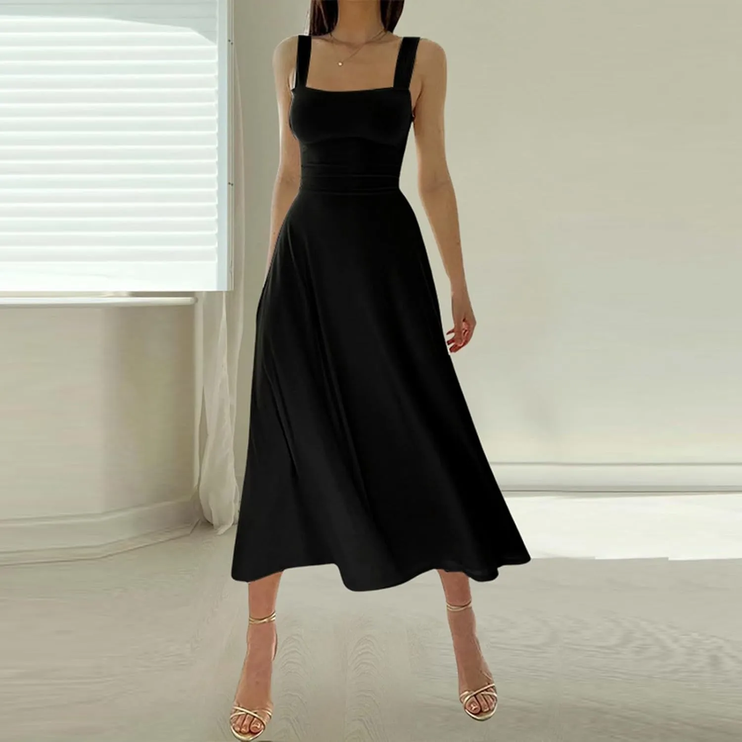 Womens Summer Dress Solid Color Lace Up Waist Back CRIS Cross Skirt Casual Shoulder Strap Slim Fit Long Dress Outfits