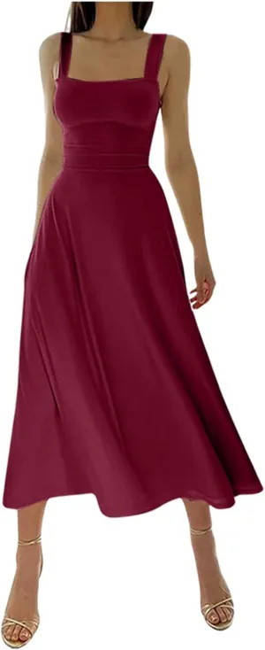Womens Summer Dress Solid Color Lace Up Waist Back CRIS Cross Skirt Casual Shoulder Strap Slim Fit Long Dress Outfits
