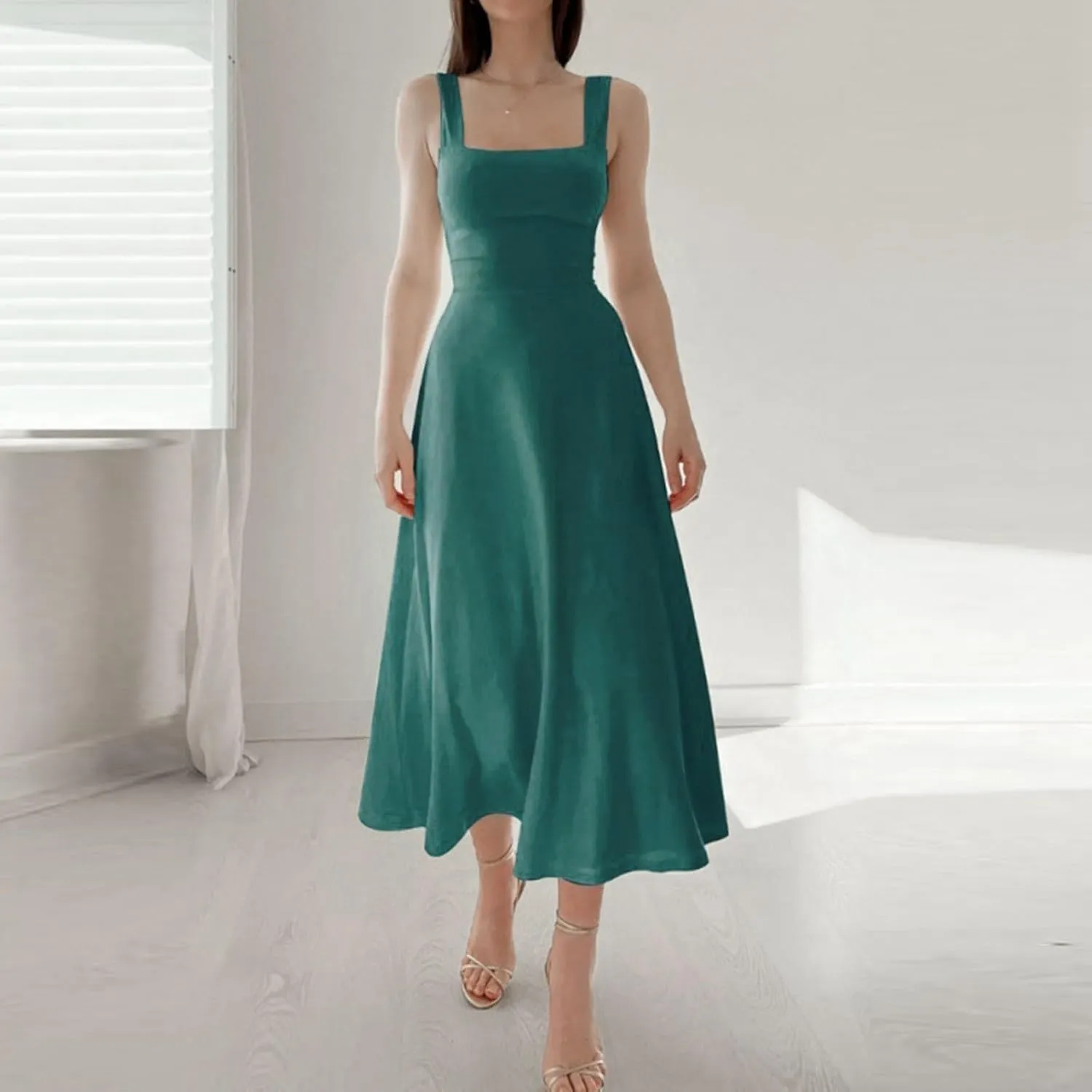 Womens Summer Dress Solid Color Lace Up Waist Back CRIS Cross Skirt Casual Shoulder Strap Slim Fit Long Dress Outfits