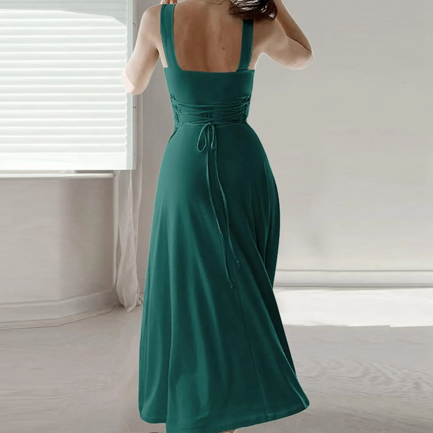 Womens Summer Dress Solid Color Lace Up Waist Back CRIS Cross Skirt Casual Shoulder Strap Slim Fit Long Dress Outfits
