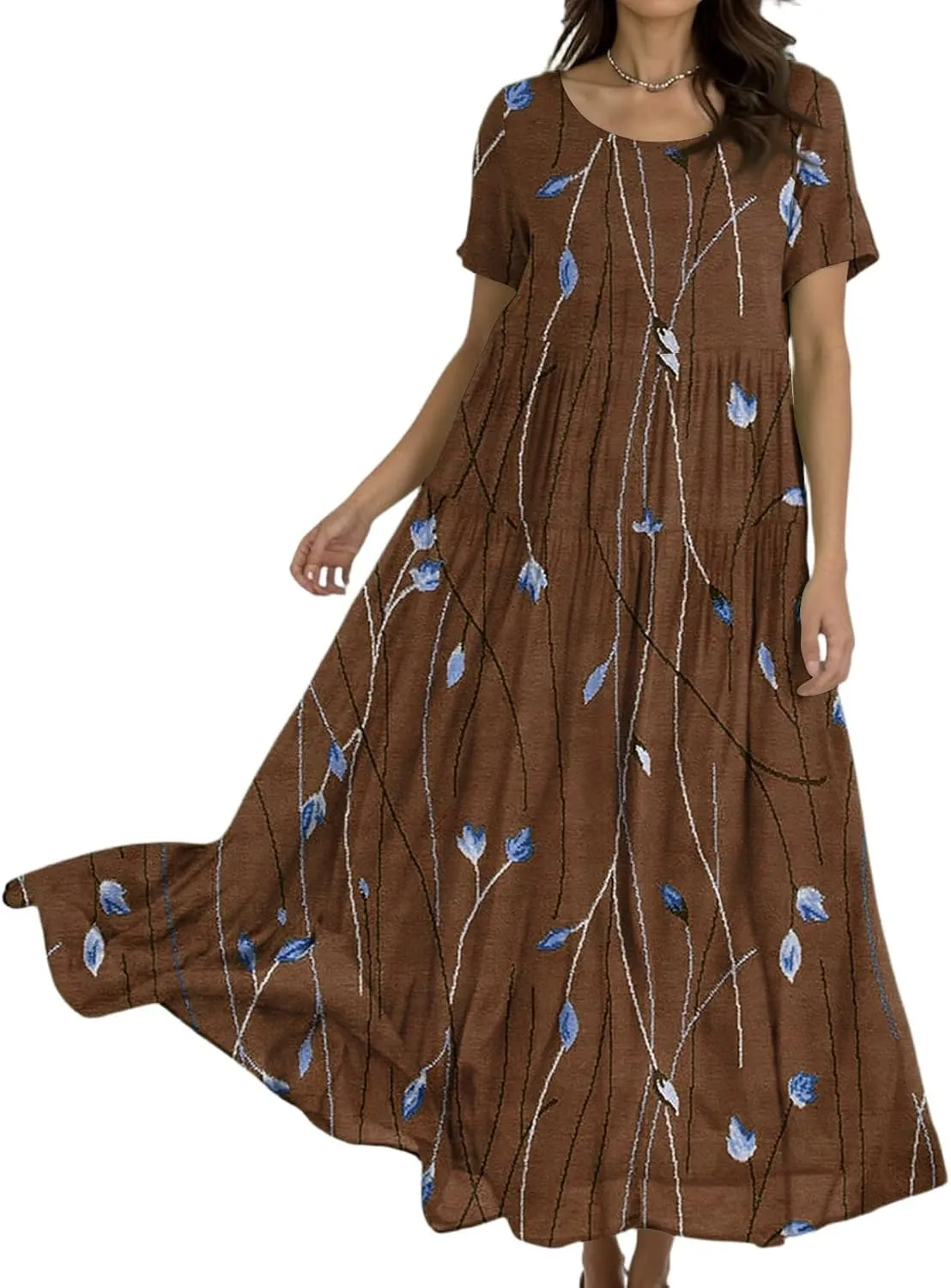 Womens Summer Dresses Plus Size Short Sleeve Round Neck Boho Floral Print Ruffle A-Line Flowy Tiered Maxi Dress