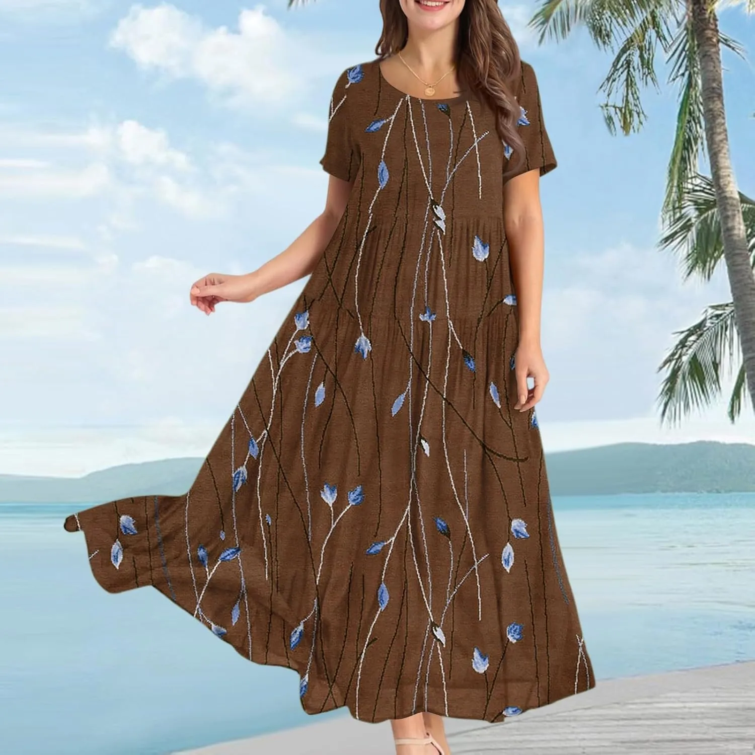 Womens Summer Dresses Plus Size Short Sleeve Round Neck Boho Floral Print Ruffle A-Line Flowy Tiered Maxi Dress