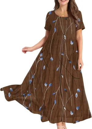 Womens Summer Dresses Plus Size Short Sleeve Round Neck Boho Floral Print Ruffle A-Line Flowy Tiered Maxi Dress