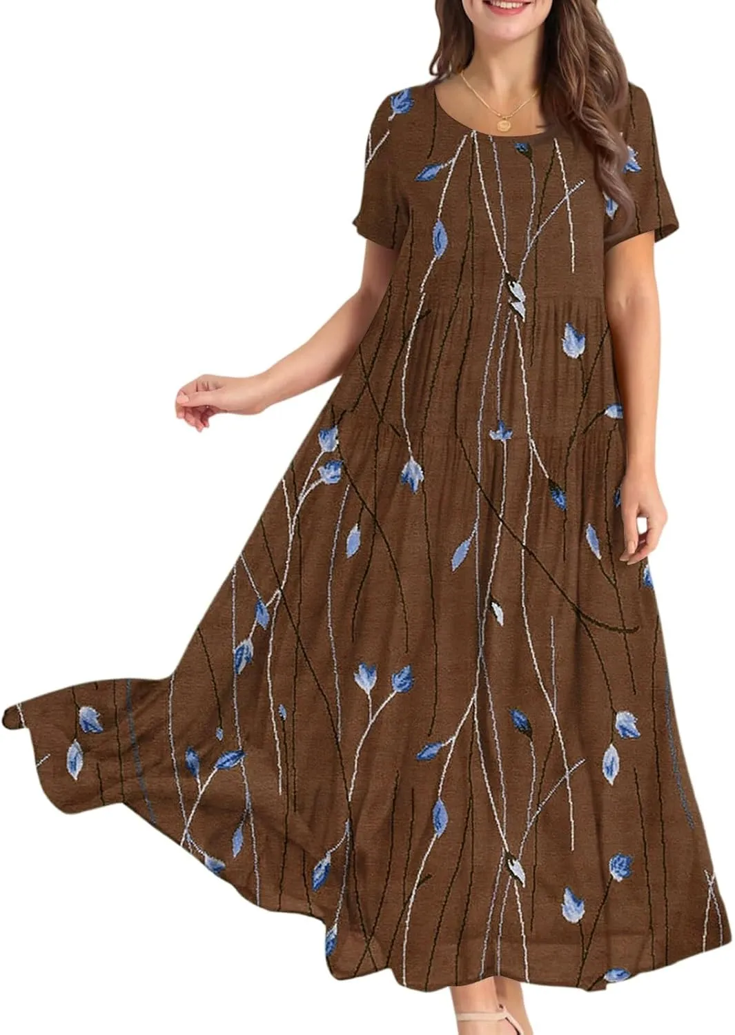 Womens Summer Dresses Plus Size Short Sleeve Round Neck Boho Floral Print Ruffle A-Line Flowy Tiered Maxi Dress