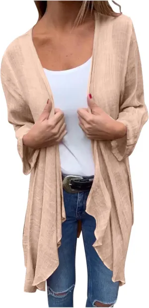 Womens Summer Lightweight Linen Kimono Cardigan Long Sleeve Open Front Beach Cover Up Summer Sun Protection Cardigans