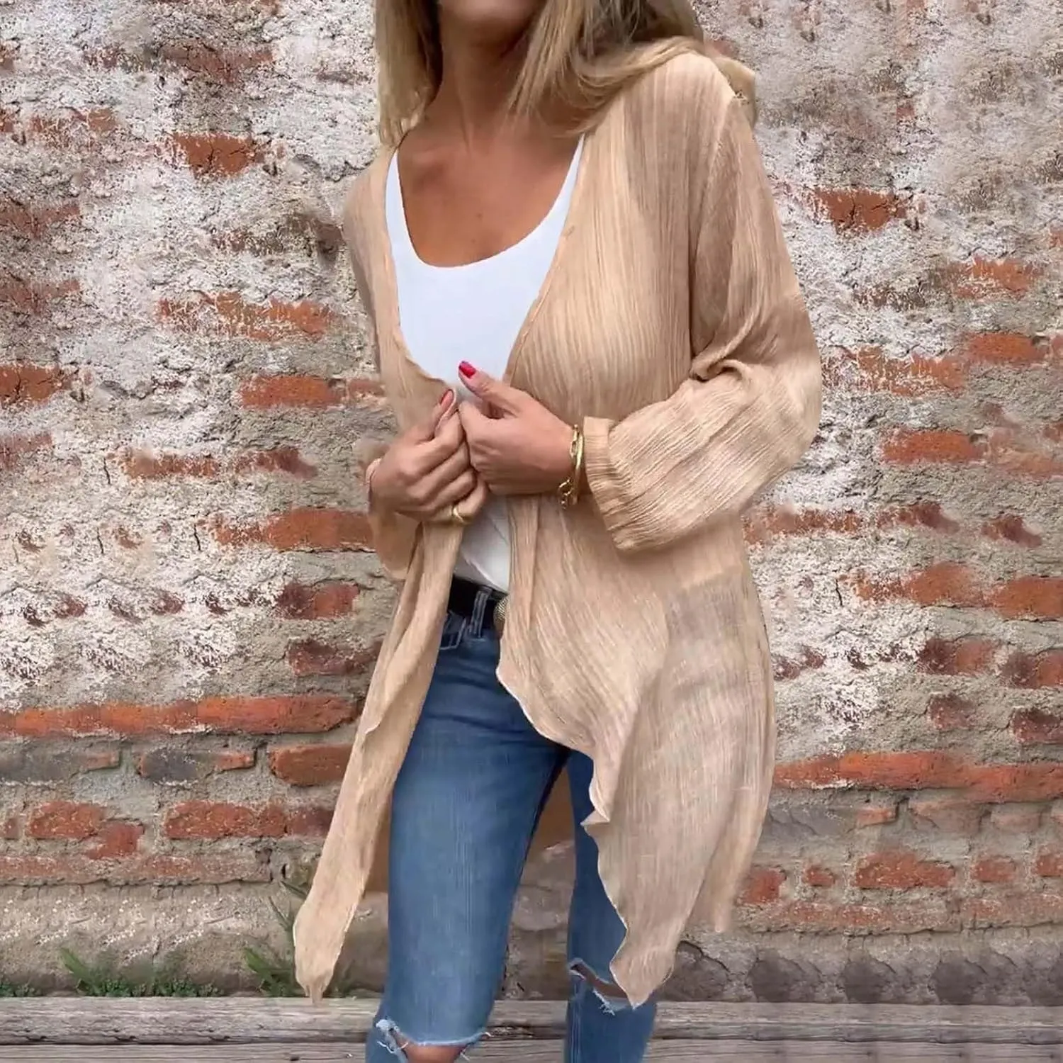 Womens Summer Lightweight Linen Kimono Cardigan Long Sleeve Open Front Beach Cover Up Summer Sun Protection Cardigans