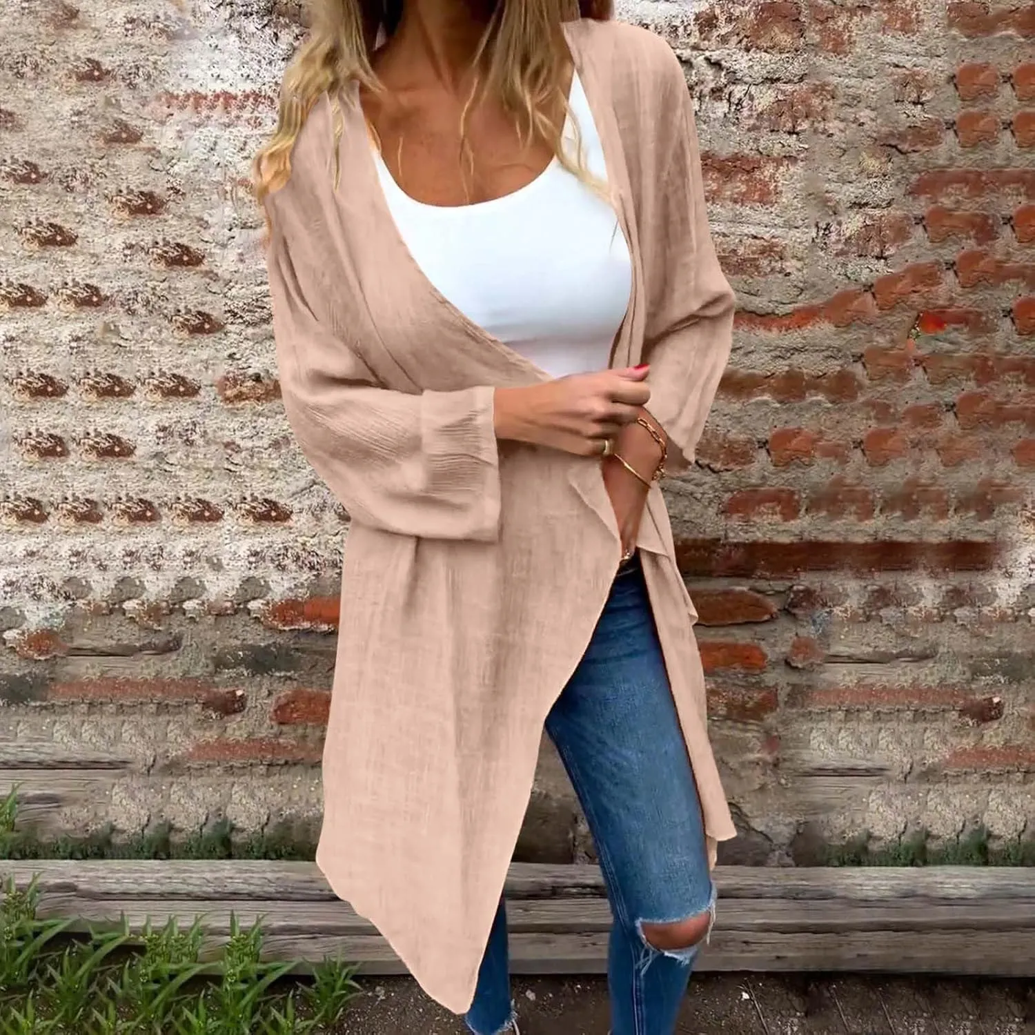 Womens Summer Lightweight Linen Kimono Cardigan Long Sleeve Open Front Beach Cover Up Summer Sun Protection Cardigans