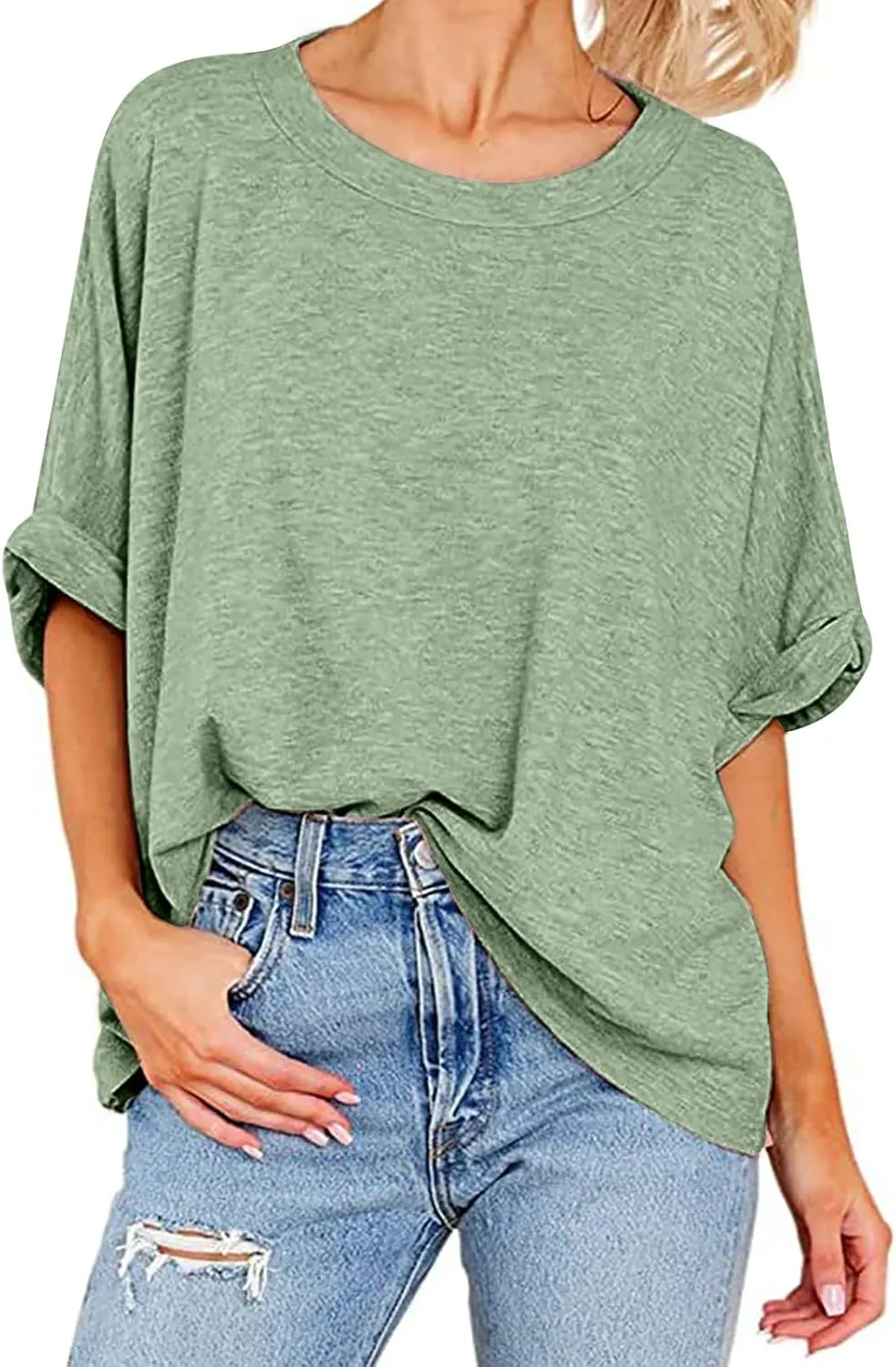 Womens Summer Oversized Tshirts Half Sleeve Crew Neck Tee Tops Fashion Casual Solid Shirt Loose Roll Up Comfy Blouse